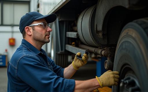Mechanic performing an oil change on a heavy-duty truck