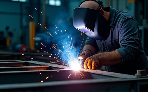 Technician performing welding on a trailer frame during repair