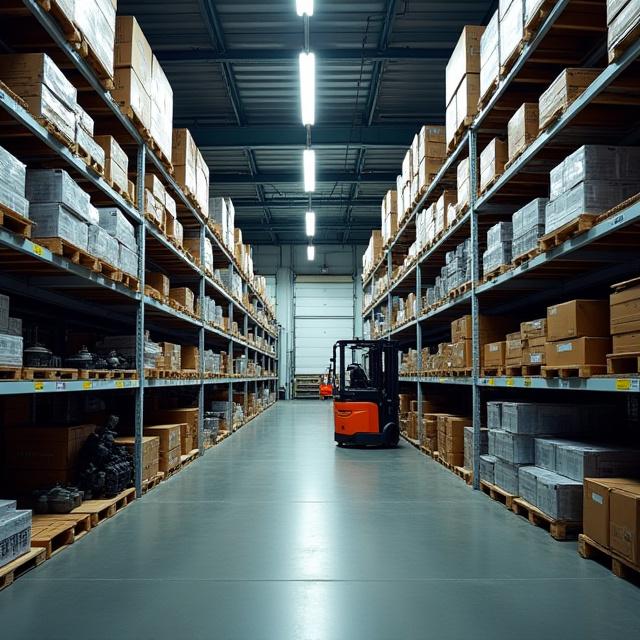 Shelves stocked with a comprehensive inventory of heavy duty truck parts boxes